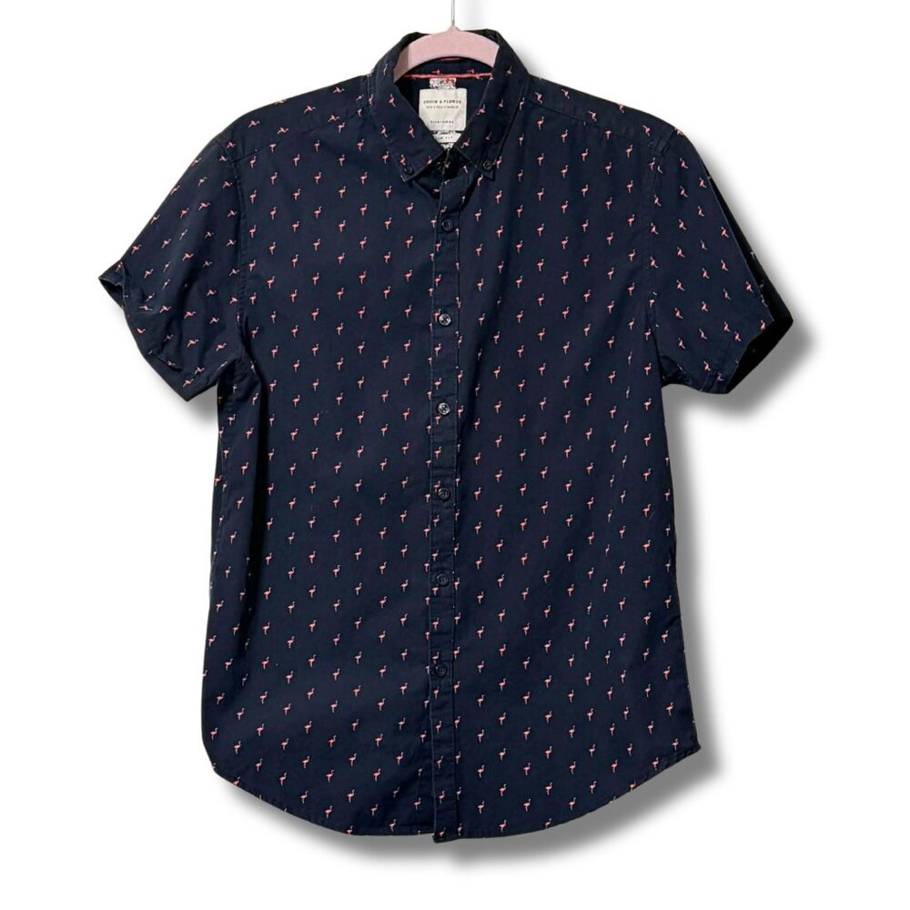 Denim & Flower Men’s Slim Fit Flamingo Button Down Navy Shirt Size S